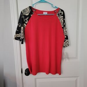 LuLaRoe Red Top with Black and Cream Floral Sleeves